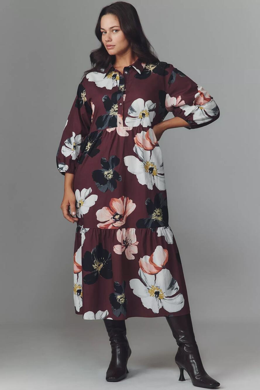 nwt ANTHROPOLOGIE MAEVE sz XL The Bettina shirt dress in Maroon floral